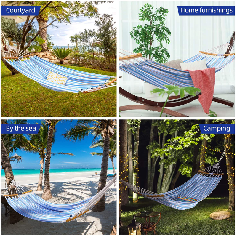 Double Hammock with Tree Straps Kit, Ohuhu Folding Curved-Bar Bamboo Hammock with Carrying Bag, Portable 2-Person Hammocks for Patio, Backyard, Porch, Camping, Travel, Indoor Outdoor Use
