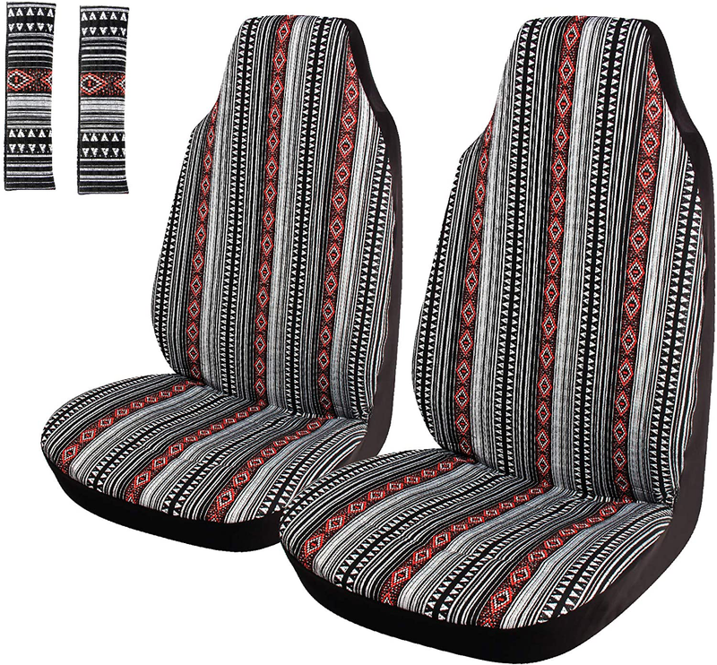 Copap 4pc Universal Stripe Colorful Baja Front Seat Cover Baja Bucket Seat Cover Blue Saddle Blanket with Seat-Belt Pad Protectors for Car, SUV & Truck Vehicles & Parts > Vehicle Parts & Accessories > Motor Vehicle Parts > Motor Vehicle Seating Copap Black+Red Front 