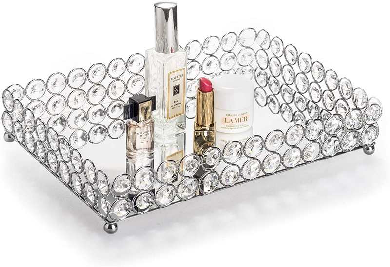 Feyarl Crystal Vanity Makeup Tray Ornate Jewelry Trinket Tray Organizer Cosmetic Perfume Bottle Tray Decorative Tray Home Deco Dresser Skin Care Tray Storage (Rectangle 12" x 8") (Silver)