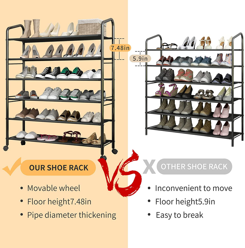 LEAIJIAFY 6-Tier Rolling Tall Shoe Racks with Locking Wheels,Black Metal Frame Large Shoe Organizer Stand,Fabric Shoe Rack Storage Shelf for Garage Entryway Front Door,Easy Assembly Furniture > Cabinets & Storage > Armoires & Wardrobes LEAIJIAFY   