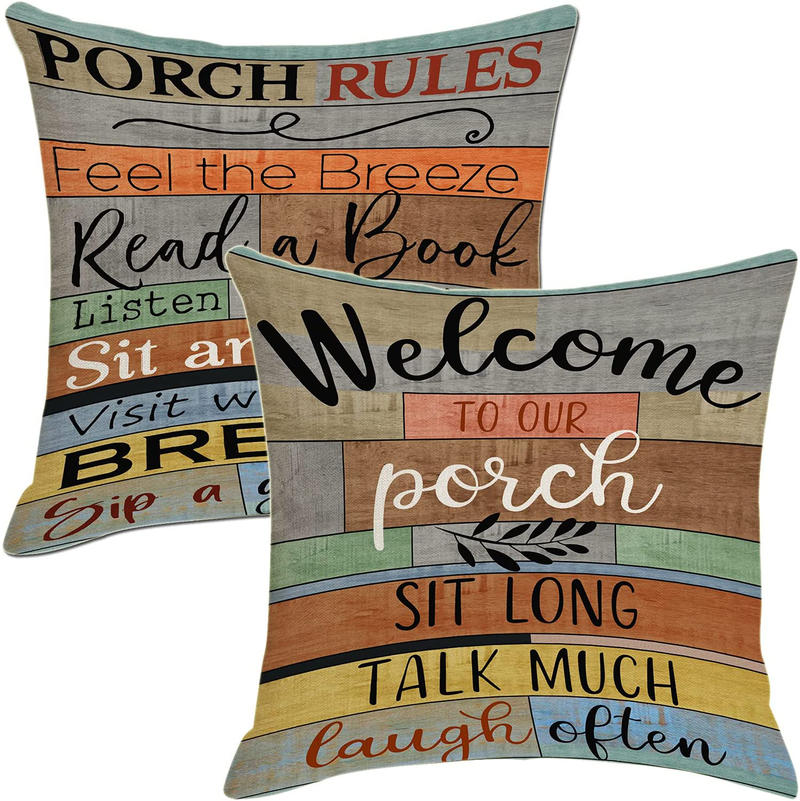 Jartinle Decorative Pillow Covers Porch Rules Sign Outdoor Farmhouse Throw Pillow Covers, Square Linen Patio Cushion Cases for Couch Bench Seat Chair Car 18X18 Inch (2) Home & Garden > Decor > Chair & Sofa Cushions Jartinle 2  
