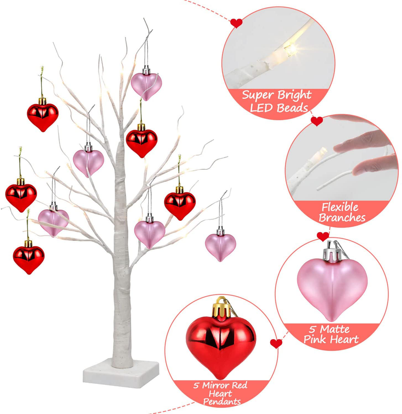 Fastdeng 2FT White Valentines Tree - Prelit Birch Tree with 10 Pink & Red Heart-Shaped Ornaments, 24 Warm White LED, Battery Operated Tabletop Lamp, 6-Hours Timer, for Christmas Decor, Mother'S Day Home & Garden > Decor > Seasonal & Holiday Decorations FastDeng   