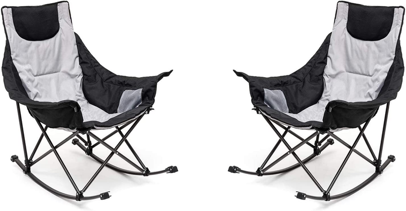 Sunnyfeel Camping Rocking Chair, Oversized Folding Lawn Chairs with Luxury Padded Recliner & Pocket,Carry Bag, 300 LBS Heavy Duty for Outdoor/Picnic/Patio, Portable Rocker Camp Chair (2Pcs Grey)