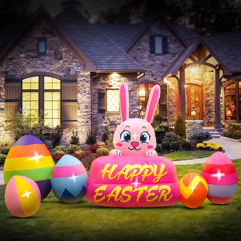 Domkom 8FT Easter Inflatable Decorations Bunny with Eggs,Build-In LED Lights Holiday Blow up Yard Decoration,For Easter Holiday Party,Indoor,Outdoor,Garden,Yard Lawn Decor Home & Garden > Decor > Seasonal & Holiday Decorations DomKom   