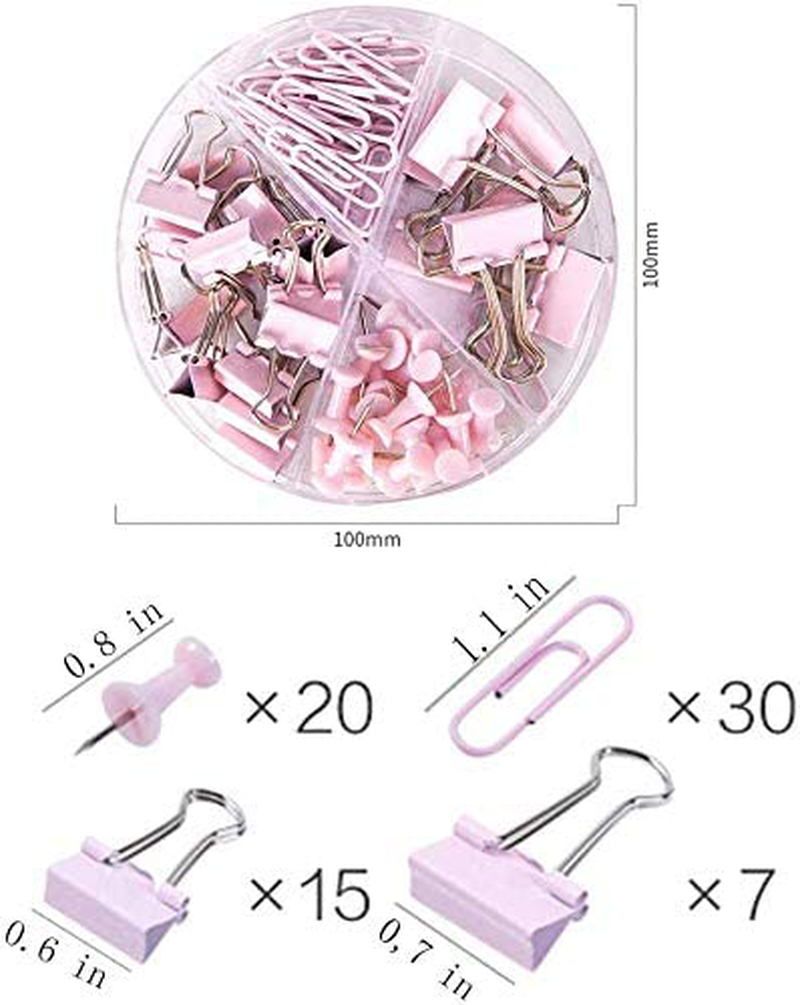Paper Clips and Binder Clips Push Pins Set and Holder, Syitem Non-Skid Map Tacks Thumbtacks Clips Kits with Container for Office School Home Desk Supplies, 72 PCS Assorted Sizes (Pink) ¡­