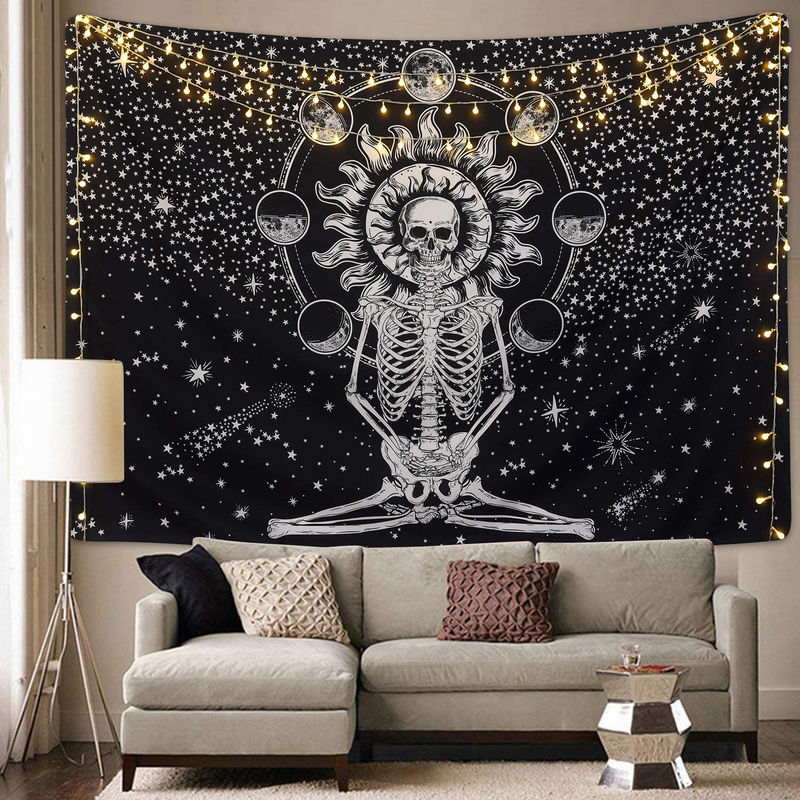 Skull Tapestry Meditation Skeleton Tapestry Chakra Tapestry Starry Tapestry Black and White Stars Tapestry for Room Home & Garden > Decor > Artwork > Decorative Tapestries Krelymics Skull 70.9" x 92.5" 