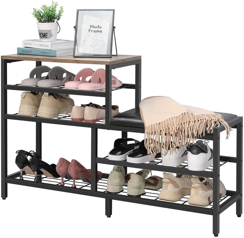 Shoe Rack Bench 5-Tier Shoe Storage with Seat Industrial Entryway Bench Metal Storage Shelves Organizer Entry Bench Shoe Stand for Entryway Hall Brown Black