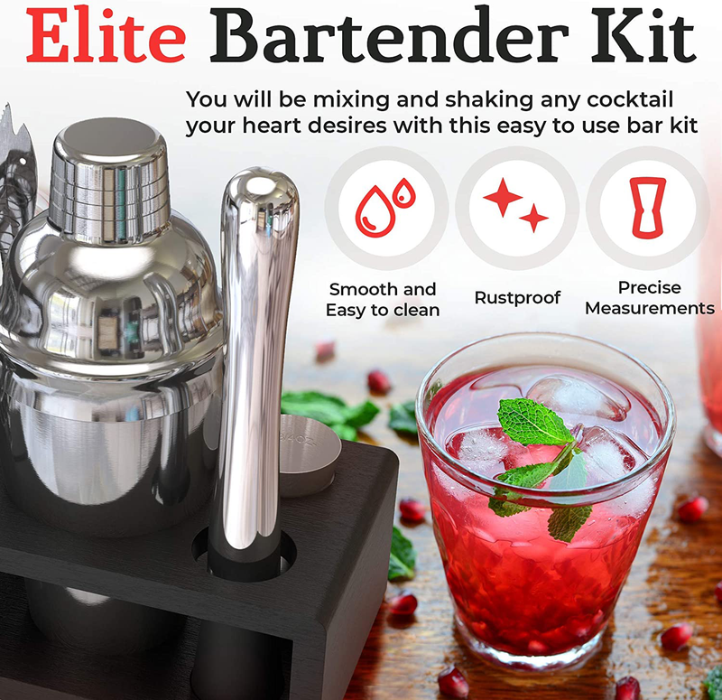 Highball & Chaser Elite Bartender Kit with Stylish Bamboo Stand - Stainless Steel Cocktail Shaker Set with Rustproof Bar Tools. Perfect Bar Set for Home Bars, Parties and Drink Making (Silver)