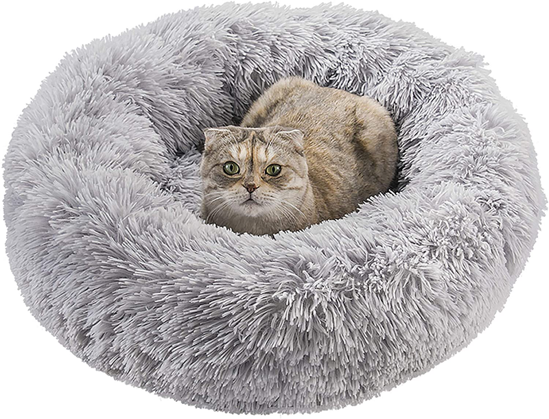 Qucey Dog Cat Bed Soft Comfortable Faux Fur Donut Cuddler, Self-Warming Fluffy Dog and Cat Calming Cushion Bed with Non-Slip Bottom for Joint-Relief and Improved Sleep