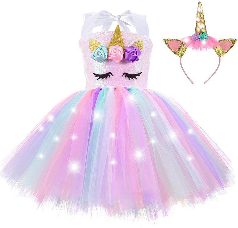 Sequin Unicorn Lighted Dress for Girls with Headband Birthday Halloween Christmas Party Outfits Dance Princess Tutu Costumes Apparel & Accessories > Costumes & Accessories > Costumes ZeroStage Pink 7-8 Years 