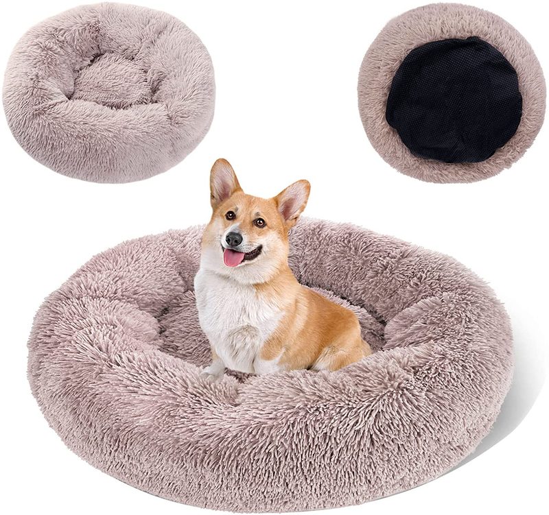Topmart Plush Calming Dog Bed,Washable Cat Donut Bed,Anti Anxiety Plush Dog Bed,Faux Fur Donut Cuddler Cat Bed for Small Dogs and Cats,23" × 23",Grey Animals & Pet Supplies > Pet Supplies > Cat Supplies > Cat Beds Topmart Beige Medium 