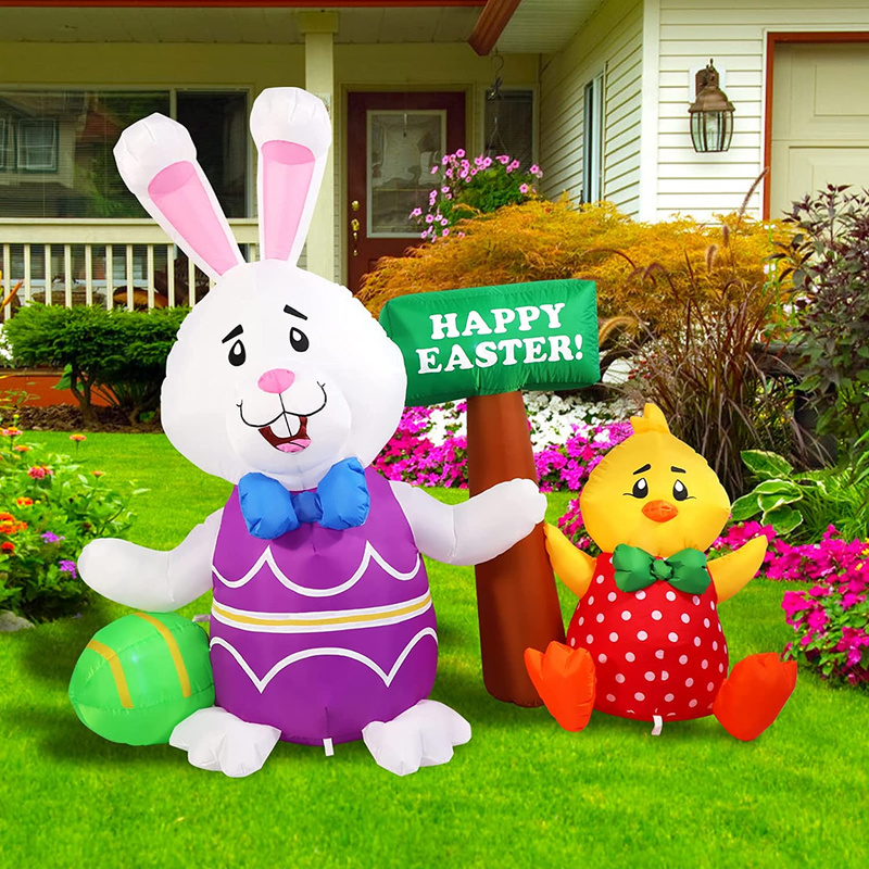 SHDEJTG 6FT Easter Inflatable Road Sign Bunny & Chicken and Eggs Inflatable with Build-In Leds Blow up for Happy Easter Party，Indoor, Outdoor, Yard, Garden, Lawn Décor，Easter Inflatable Decoration. Home & Garden > Decor > Seasonal & Holiday Decorations SHDEJTG Art Deco  