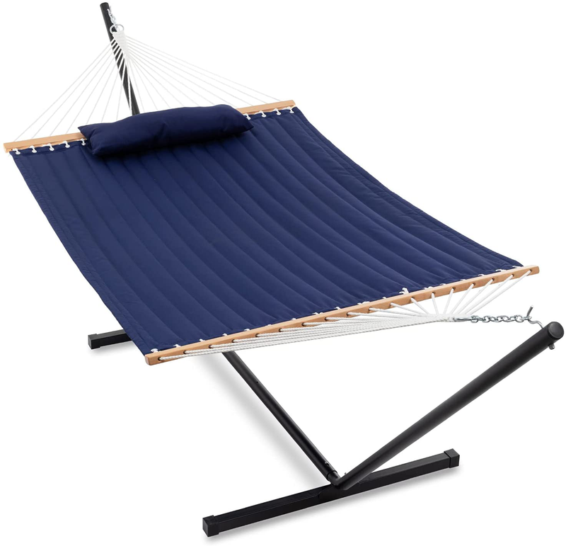 Gafete Large Thicker Hammock with Stand Included 2 Person Heavy Duty Outside Portable Cotton Double Hammocks with Hardwood Spreader Bar and Pillow for Outdoor, Max 475lbs Capacity ( Navy ) Home & Garden > Lawn & Garden > Outdoor Living > Hammocks gafete Navy  