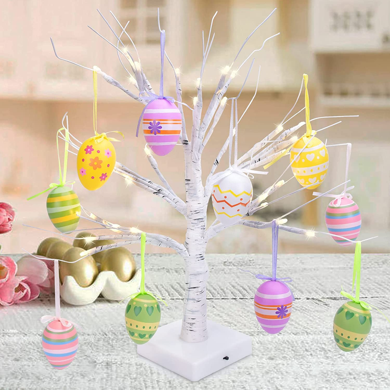 Easter Decorations for the Home,18'' White Birch Tree with 10 Easter Eggs,36 LED Lights Battery Operated Table Centerpiece for Easter Decor Clearance,Spring Easter Eggs Party Seasonal Bedroom Decor