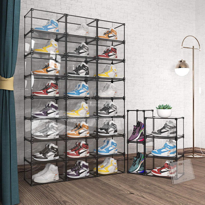 KOKOIN Magnetic Side Open Transparent Plastic Storage Shoe Box Storage Shoe Box Sneaker Storage Box Display Box Shoe Container Clear Closet Shelf Shoe Organizer (Black 16PC) Furniture > Cabinets & Storage > Armoires & Wardrobes KOKOIN   