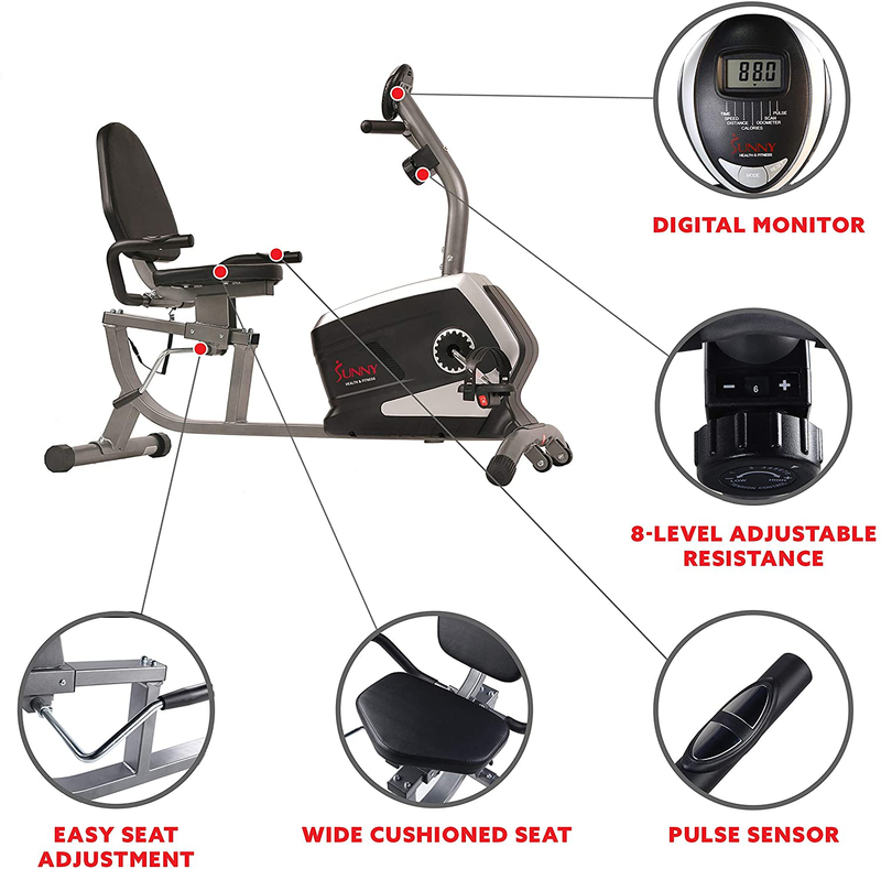 Sunny Health & Fitness Magnetic Recumbent Exercise Bike, Pulse Rate Monitoring, 300 lb Capacity, Digital Monitor and Quick Adjustable Seat | SF-RB4616  Sunny Health & Fitness   