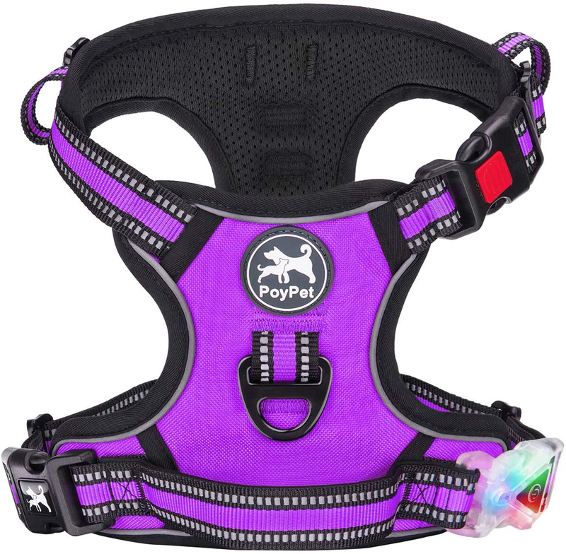 PoyPet No Pull Dog Harness, No Choke Front Lead Dog Reflective Harness, Adjustable Soft Padded Pet Vest with Easy Control Handle for Small to Large Dogs Animals & Pet Supplies > Pet Supplies > Dog Supplies PoyPet Purple - LED XL 