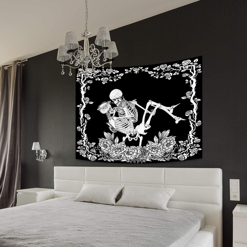 FEPITO Skull Tapestry Kissing Lovers Tapestry Funny Skeleton Tapestry Romantic Black and White Tapestry for Wall Bedroom Dorm Living Room Decor Haunted House Halloween Decorations 59 in X 51 in