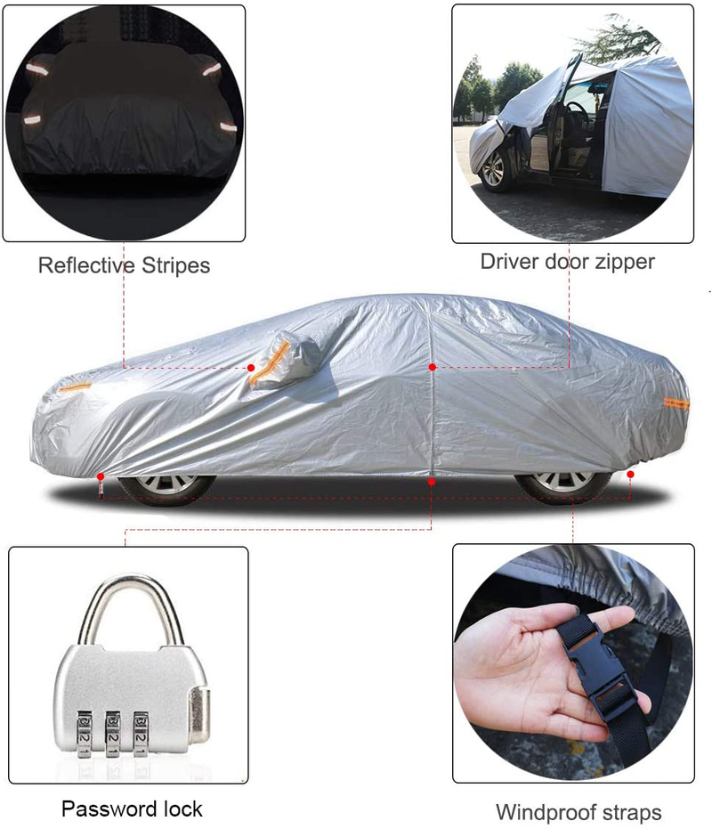 Kayme Car Cover for Automobiles All Weather Waterproof, Outdoor Cover Sun Uv Rain Protection, with Lock and Zipper Door, Fit Sedan (194 to 208 Inch) H4