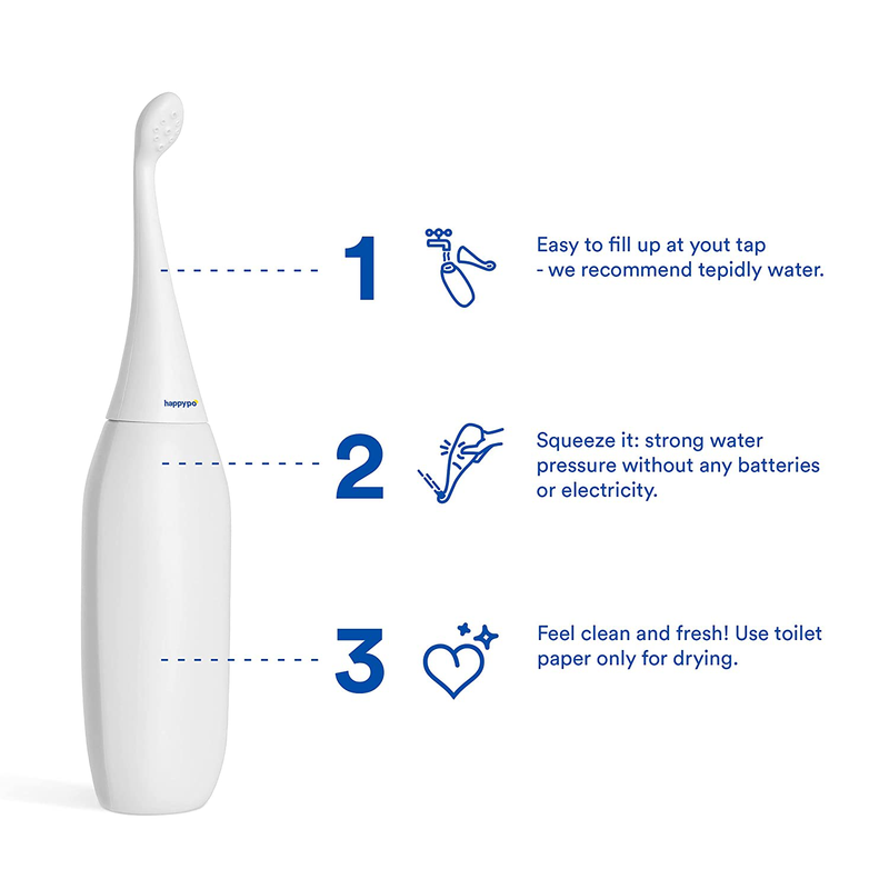 The Original HAPPYPO Butt Shower (Color: White) with Cap L Portable Bidet with Travel Bag L the Easy-Bidet 2.0 Replaces Wet Wipes and Shower Toilet L Portable Bidet for Travel
