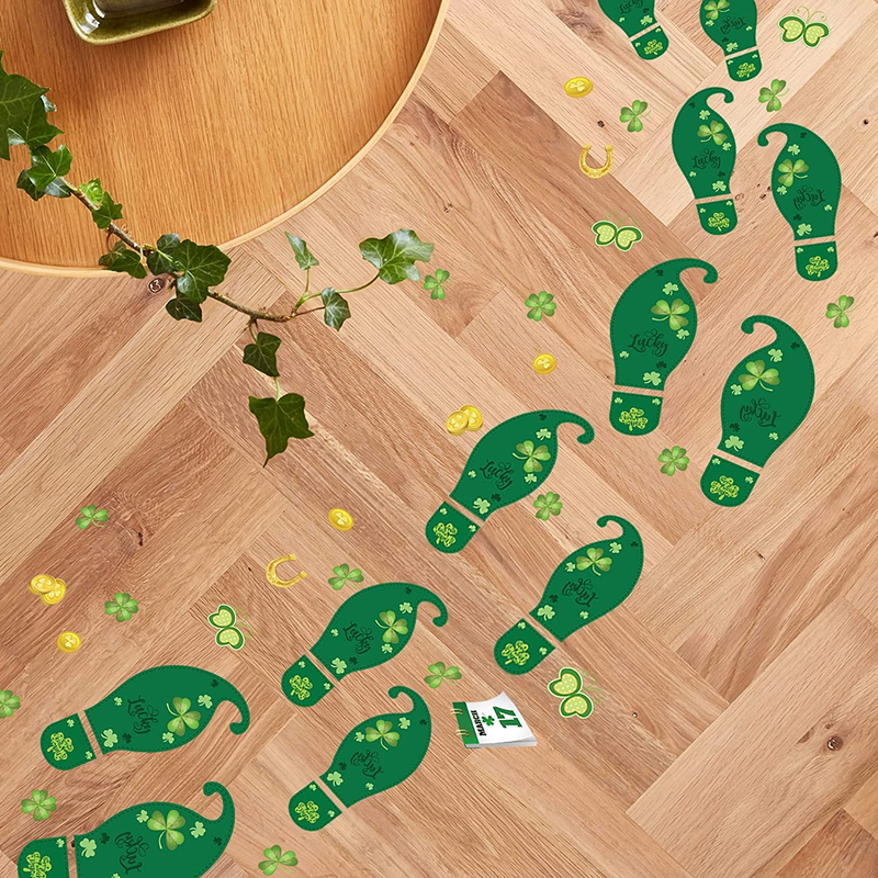 St Patricks Day Decorations Leprechaun Footprints Floor Clings Decor , 10 Sheets Self-Adhesive Shamrock Gold Coin Decals Stickers Party Supplies for Kids School Home Office.