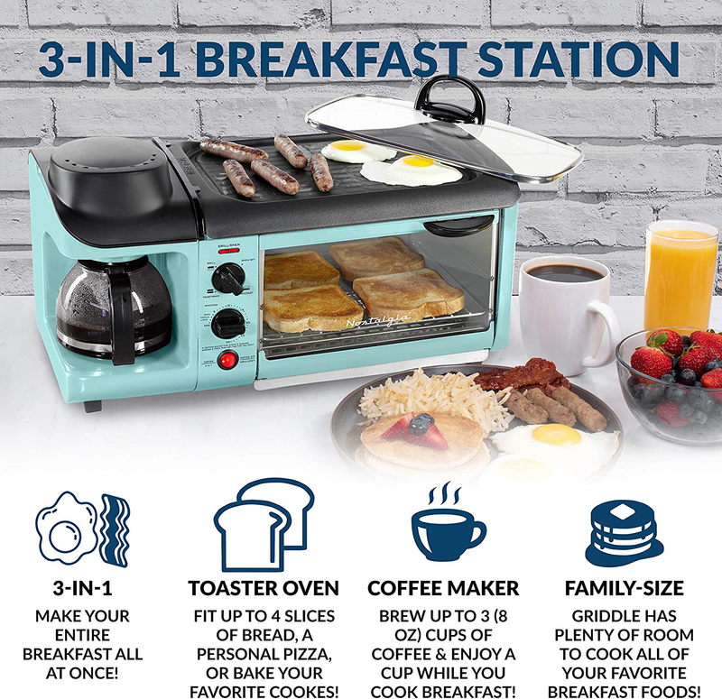 Nostalgia Retro 3-in-1 Family Size Electric Breakfast Station, Coffeemaker, Griddle, Toaster Oven, Aqua Home & Garden > Kitchen & Dining > Kitchen Tools & Utensils > Kitchen Knives Nostalgia   