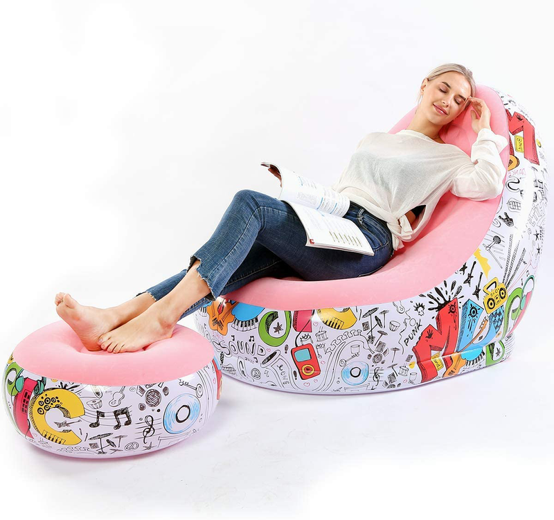 Lazy Sofa, Inflatable Sofa, Family Inflatable Lounge Chair, Graffiti Pattern Flocking Sofa, with Inflatable Foot Cushion, Suitable for Home Rest or Office Rest, Outdoor Folding Sofa Chair (Khaki) Sporting Goods > Outdoor Recreation > Camping & Hiking > Camp Furniture BOMTTY Pink  