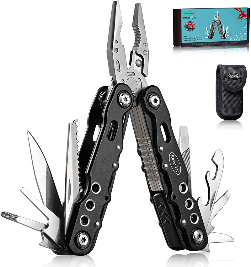 Rovertac Multitool Knife Pliers Christmas Gifts for Men Dad Husband 12 in 1 Multi Tool with Safety Lock Screwdrivers Saw Bottle Opener Durable Sheath Perfect for Camping Survival Hiking Simple Repairs Sporting Goods > Outdoor Recreation > Camping & Hiking > Camping Tools RoverTac Black  