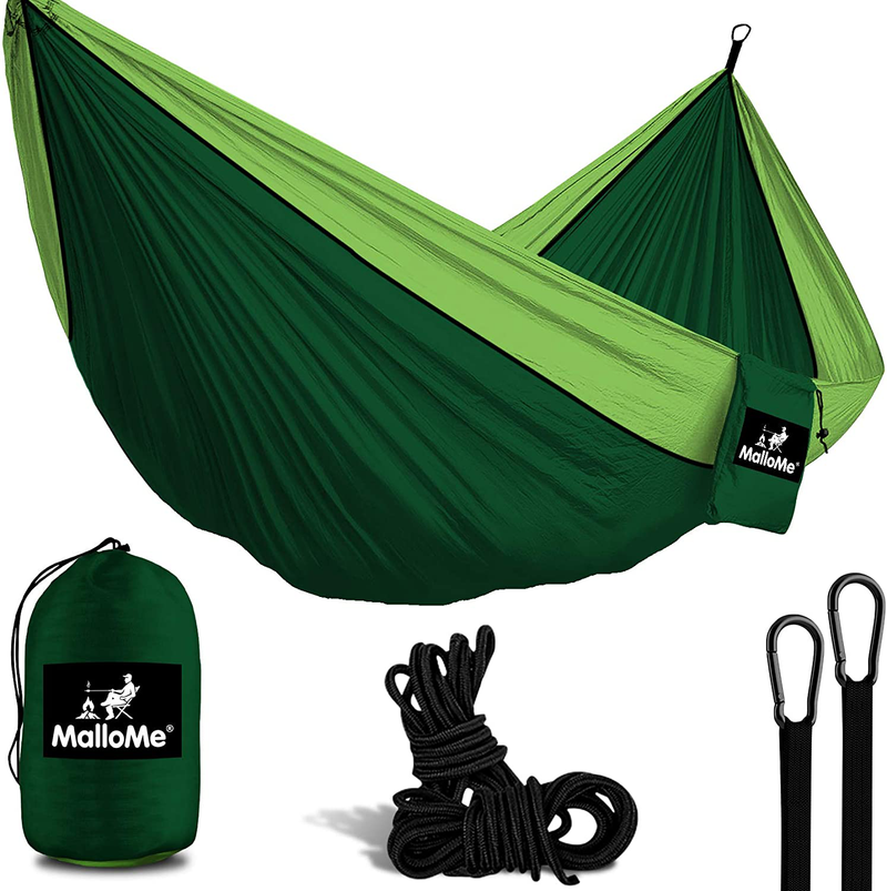 MalloMe Camping Hammock with Ropes - Double & Single Tree Hamock Outdoor Indoor 2 Person Tree Beach Accessories _ Backpacking Travel Equipment Kids Max 1000 lbs Capacity - Two Carabiners Free Home & Garden > Lawn & Garden > Outdoor Living > Hammocks MalloMe Dark Green & Light Green 1 Person 