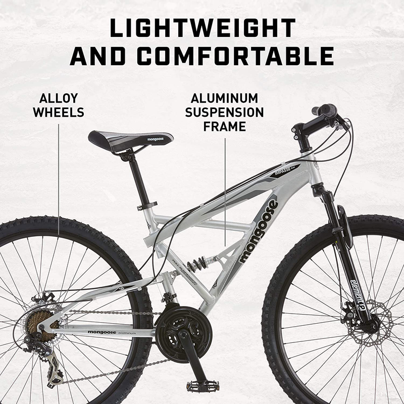 Mongoose Impasse Mens Mountain Bike, 29-Inch Wheels, Aluminum Frame, Twist Shifters, 21-Speed Rear Deraileur, Front and Rear Disc Brakes, Multiple Colors Sporting Goods > Outdoor Recreation > Cycling > Bicycles Mongoose   