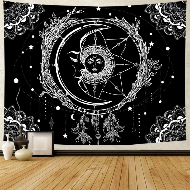Moon and Sun Tapestry Psychedelic Bohemian Mandala Wall Tapestry Black and White Indian Hippy Celestial Tapestry Starry Dreamcatcher Tapestry Wall Hanging for Bedroom Living Room Dorm(W59.1" × H51.2") Home & Garden > Decor > Artwork > Decorative Tapestries Racunbula Moon X-Large 