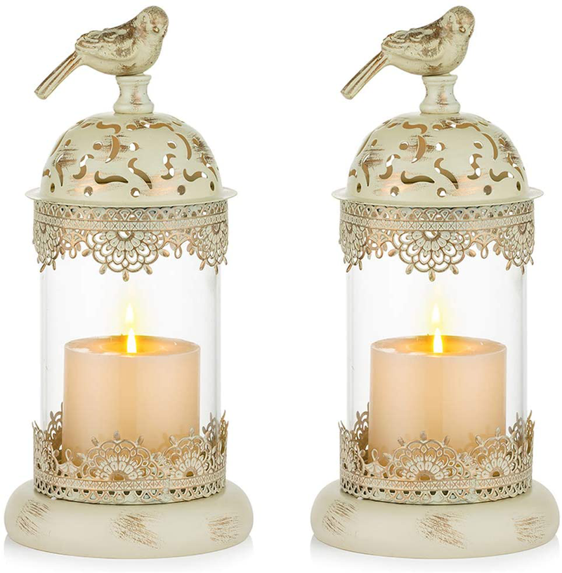 NUPTIO 2 Pcs Vintage Pillar Candle Holders Moroccan Wrought Iron Hurricane Candle Holder Ornate Centerpiece for Mantlepiece Decorations, Candlestick Holders for Table Living Room Balcony Garden Home & Garden > Decor > Home Fragrance Accessories > Candle Holders NUPTIO Ivory 2 x S 