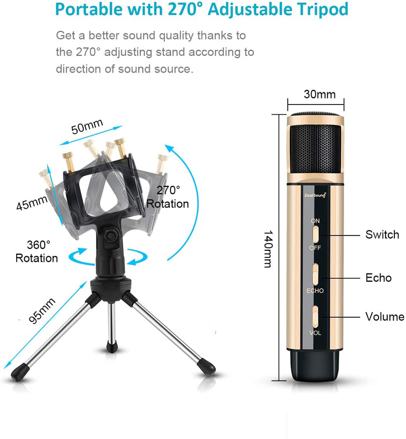 Studio Recording Microphone, ZealSound Condenser Broadcast Microphone w/Stand Built-in Sound Card Echo Recording Karaoke Singing for Phone Computer PC Garageband Smule Live Stream & YouTube (Gold)