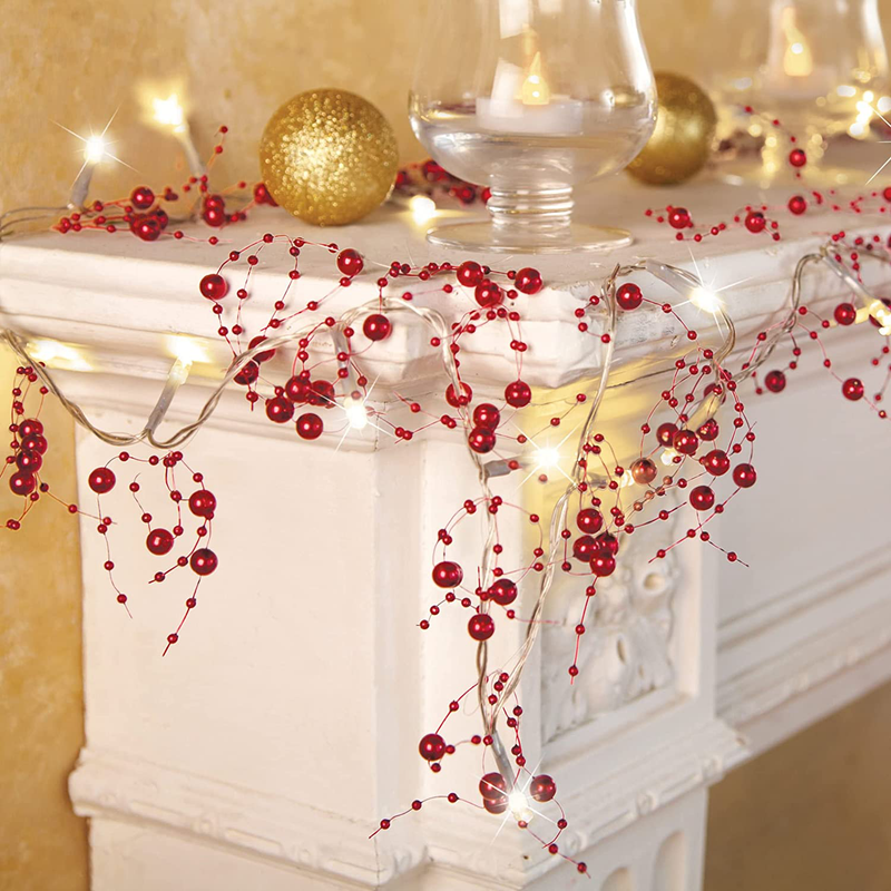 Collections Etc Indoor Christmas Decorations, Festive Lighted Berry Beaded Garland Red- 120" L