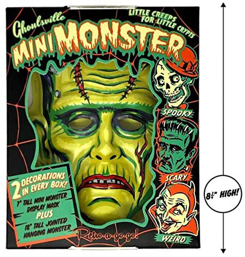 Retro-a-go-go Ghoulsville 7" Mini Monster Display Mask and 18" Jointed Hanging Monster Wall Decor in Retro Window Box (Little Frankie)