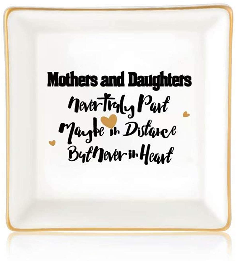Gifts for Women Girls, Ceramic Ring Dish Decorative Trinket Plate Initial Jewelry Tray Dish, Mothers Day Valentines Gifts for Her Grandma Mom Daughter Sister Friend Birthday Home & Garden > Decor > Decorative Trays Giftjews Mothers and daughters never truly part  