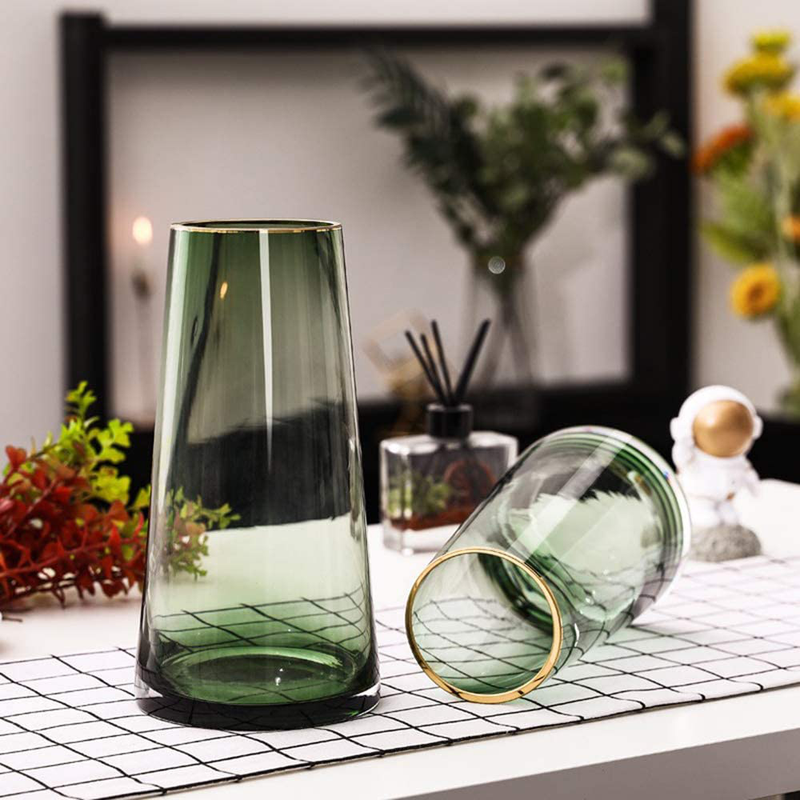 FUNSOBA Green Glass Flower Vase with Gold Mouth for Centerpieces Home Wedding Decoration (1, Small)