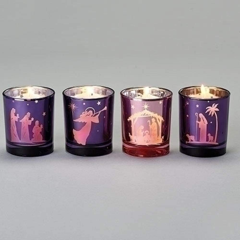 Nativity Scene Purple and Pink Advent Votive Candle Holders, 3 1/4 Inch, 4 Piece Set