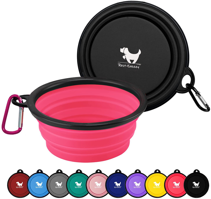 Rest-Eazzzy Expandable Dog Bowls for Travel, 2-Pack Dog Portable Water Bowl for Dogs Cats Pet Foldable Feeding Watering Dish for Traveling Camping Walking with 2 Carabiners, BPA Free  Rest-Eazzzy Peach Pink&Black Medium 