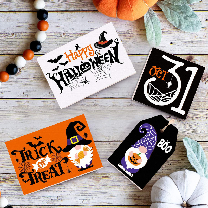 Huray Rayho Halloween Tiered Tray Decorations Rustic Trick or Treat Signs Vintage Halloween Gnome Rae Dunn Decor Farmhouse Autumn Fall Supplies Set of 4