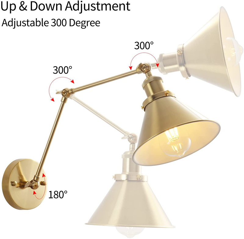 Gold Swing Arm Wall Lamp, Adjustable Hardwired Wall Sconce Set of 2 with Cone Shade Rotatable Arm Sconce- OVANUS Home & Garden > Lighting > Lighting Fixtures > Wall Light Fixtures KOL DEALS   