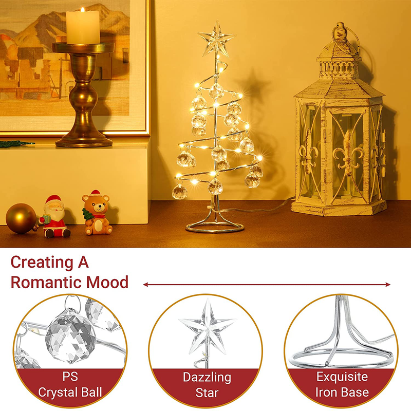Shinowa Tabletop Metal Christmas Tree Lamp Spiral Wrought Iron Ornament Display Stand with Crystal Balls Christmas Ornament 10 Inch Desktop Decorations with LED Lights Mini Xmas Tree, Silver