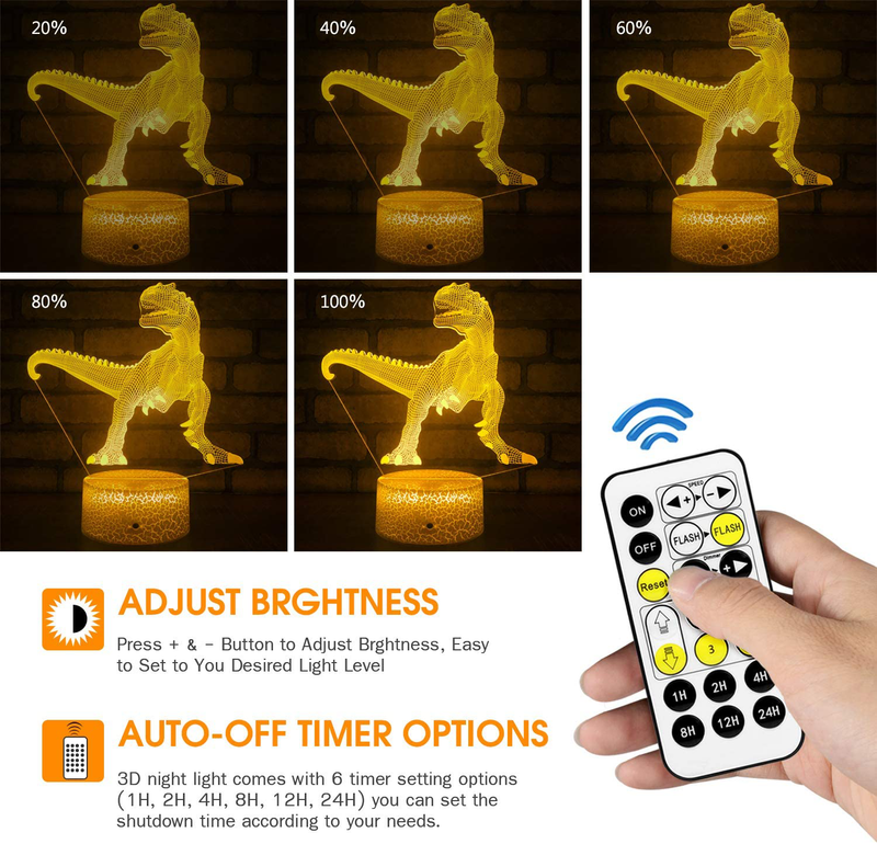 NISUNS 3D Night Lamp, 7 Colors Changing Night Light with Timer& Smart Touch & Remote Control, Valentine'S Day Birthday Gift for Childs Girls Women (T-Rex02)
