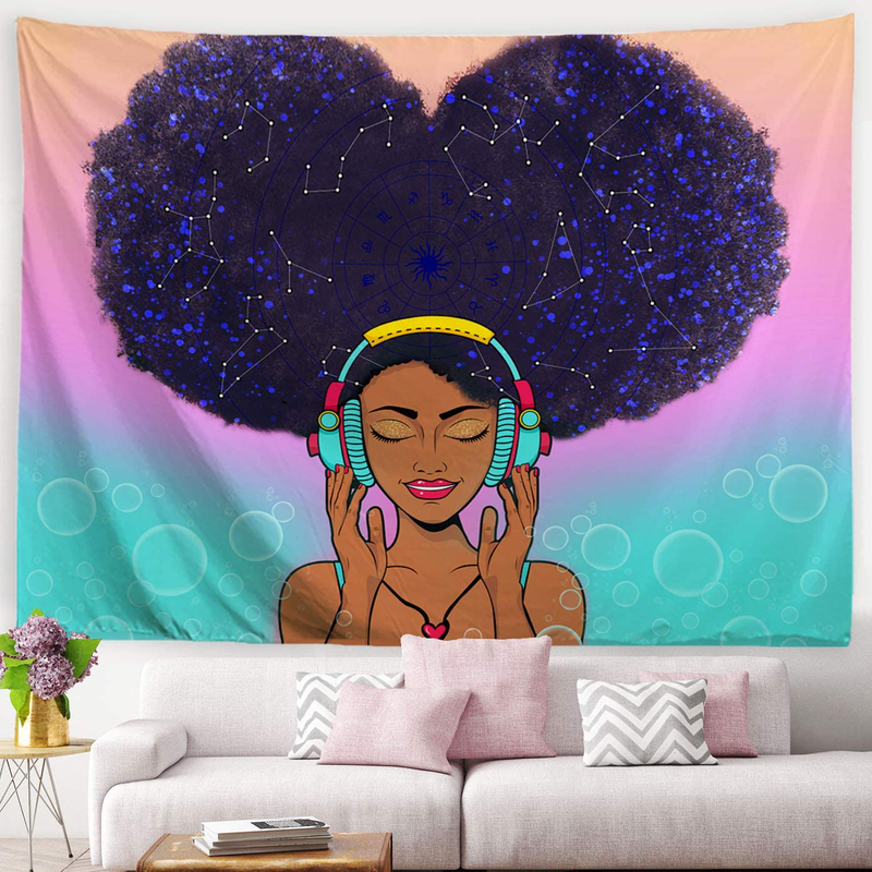 ORTIGIA African American Black Girl Tapestry Wall Hanging Home Decor,Constellation Theme for Bedroom,Kids Room,Living Room,Dorm,Office Polyester Fabric Needles Included - 60" W x 40" L (150cmx100cm)  ORTIGIA 80Wx60L  