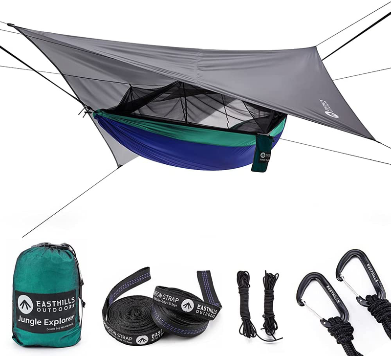 Easthills Outdoors Jungle Explorer 118" X 79" Double Camping Hammock Lightweight Ripstop Parachute Nylon 2 Person Hammocks with Removable Bug Net, Tree Straps and Tarp Navy Blue Sporting Goods > Outdoor Recreation > Camping & Hiking > Mosquito Nets & Insect Screens Easthills Outdoors Navy With Rainfly  