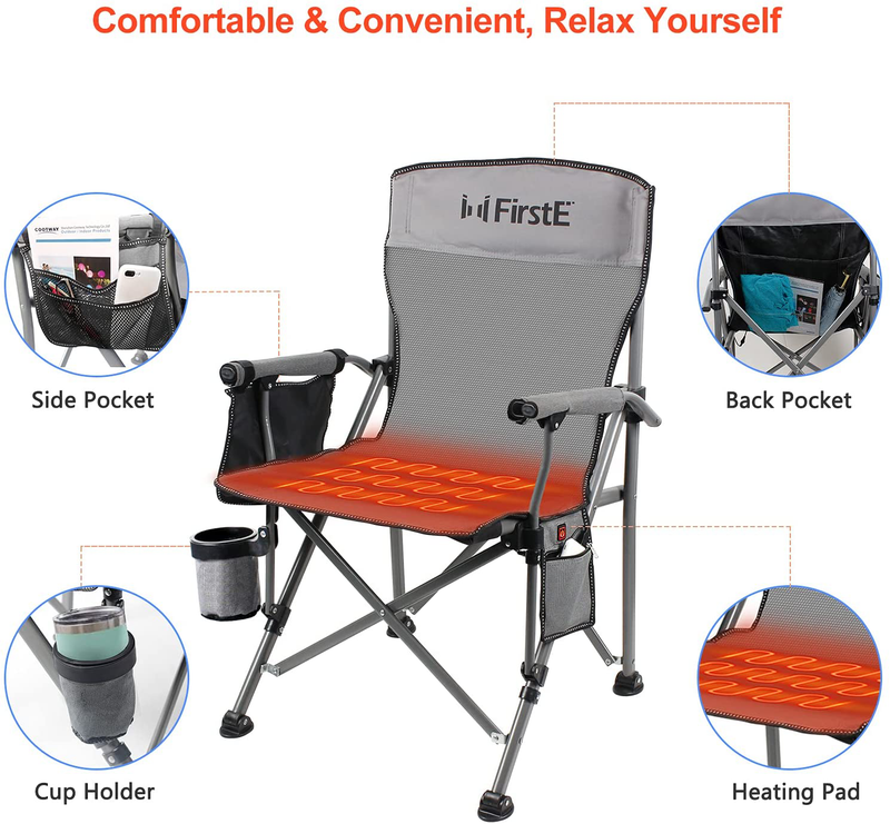 Firste Heated Camping Chair, Heavy Duty Folding Camp Chair, Padded Hard Arm Sports Chair for Beach,Lawn,Picnic. USB Heated Portable Chair with Large Travel Bag,Pockets,Cup Holder, Battery Not Included