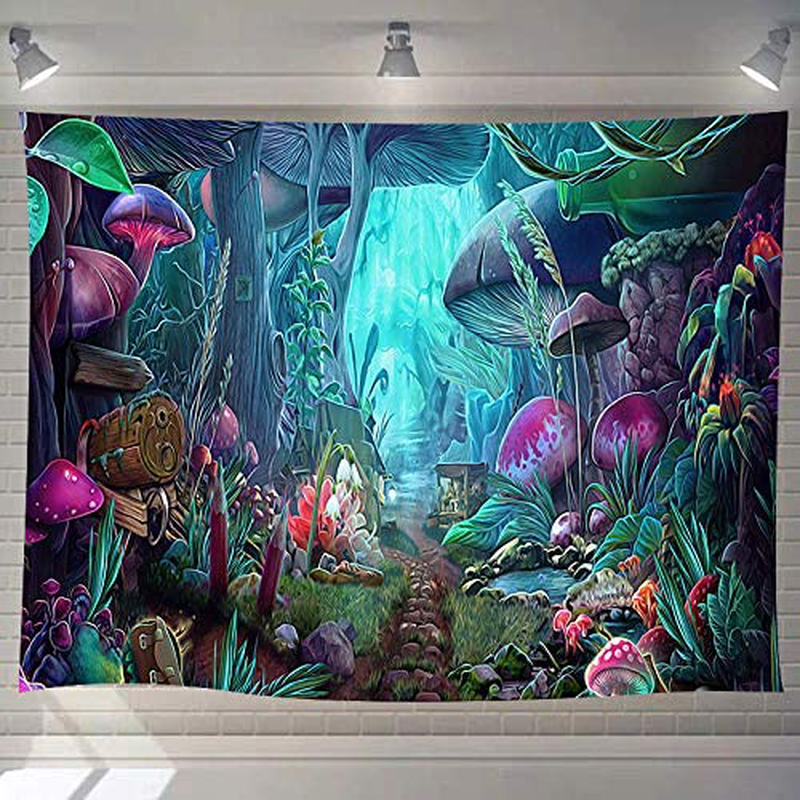 DBLLF Psychedelic Game Mushroom Castle Tapestry Large 80"x 60" Cotton Art Tapestries Fairy Tale Forest Tapestry for Bedroom Living Room Dorm DBLS774 Home & Garden > Decor > Artwork > Decorative TapestriesHome & Garden > Decor > Artwork > Decorative Tapestries DBLLF Green 92.5Wx70.9L 