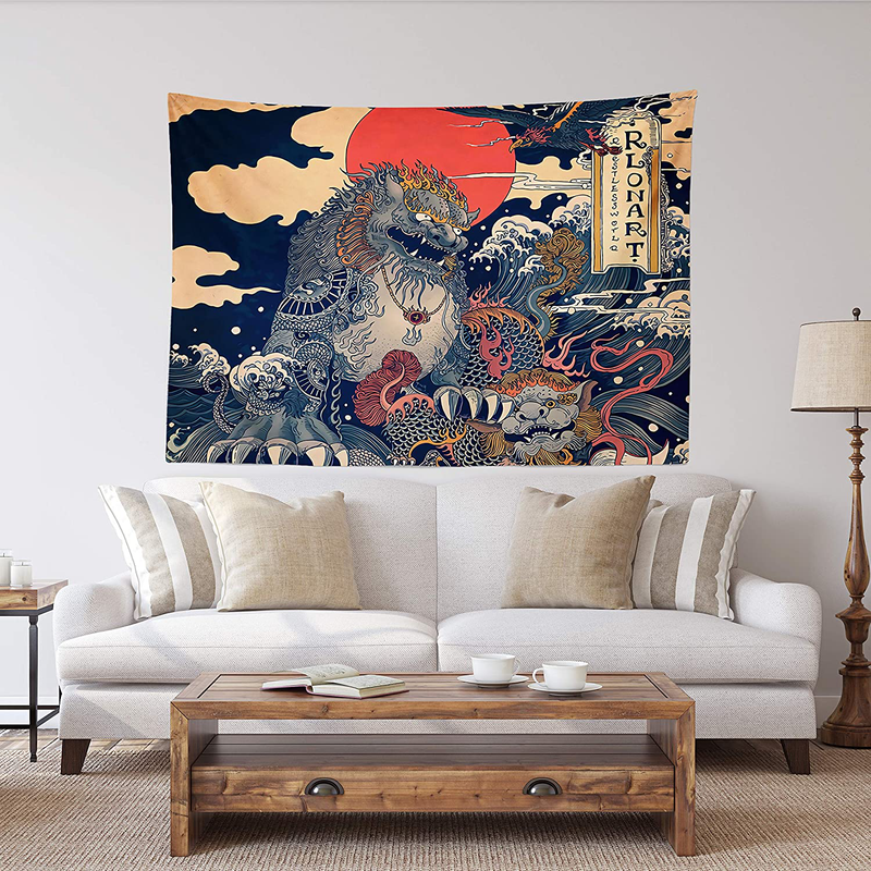 Spanker Space Ukiyoe Red White and Blue Japanese Mythical Creature The Great Waves Godzilla Fabric Tapestry 60 x 80 inches Wall Hangings with Hanging Accessories for Wall Art Home Dorm Decor Home & Garden > Decor > Artwork > Decorative Tapestries SPANKER SPACE Mythical Creaturebright 48" L x 60" W 