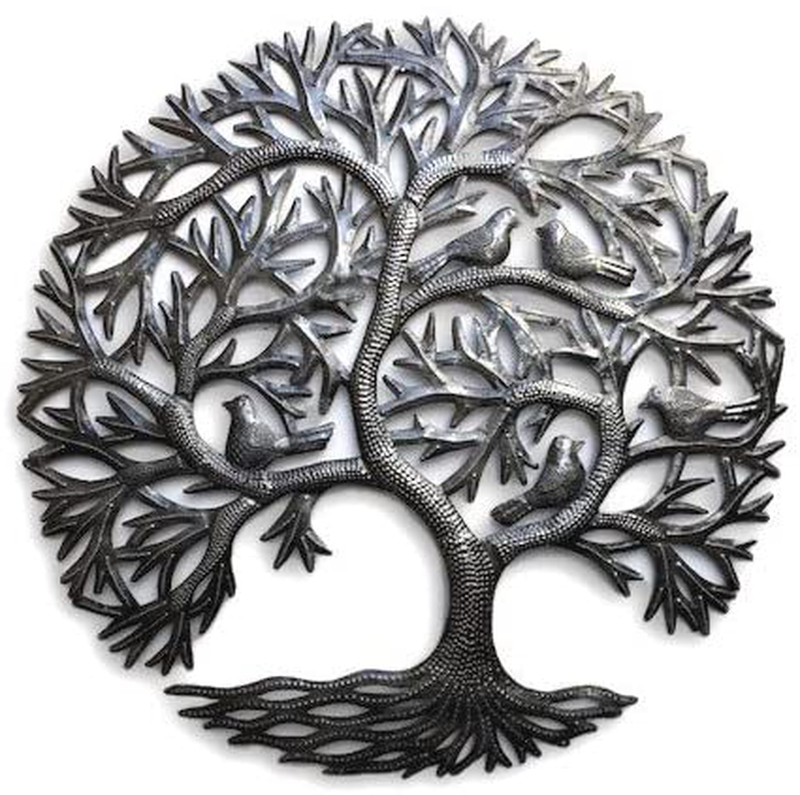 Haitian Tree of Life Wall Decor, Global Art Made in Haiti, Oil Drum Metal Craft with Birds, Decoration for Kitchen or Anywhere in Home, 23 In. x 23 In. (Whispering Tree) Home & Garden > Decor > Artwork > Sculptures & Statues It's Cactus Default Title  