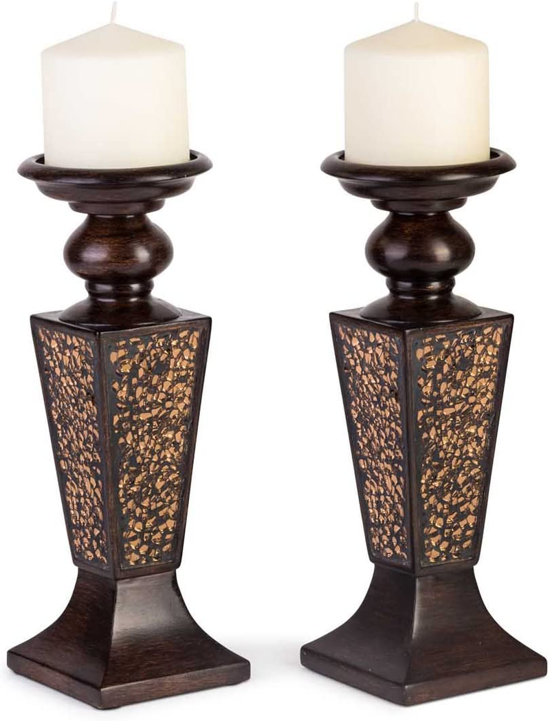 Creative Scents Schonwerk Pillar Candle Holder Set of 2- Crackled Mosaic Design- Functional Table Decorations- Centerpieces for Dining/ Living Room- Best Wedding Gift (Walnut)